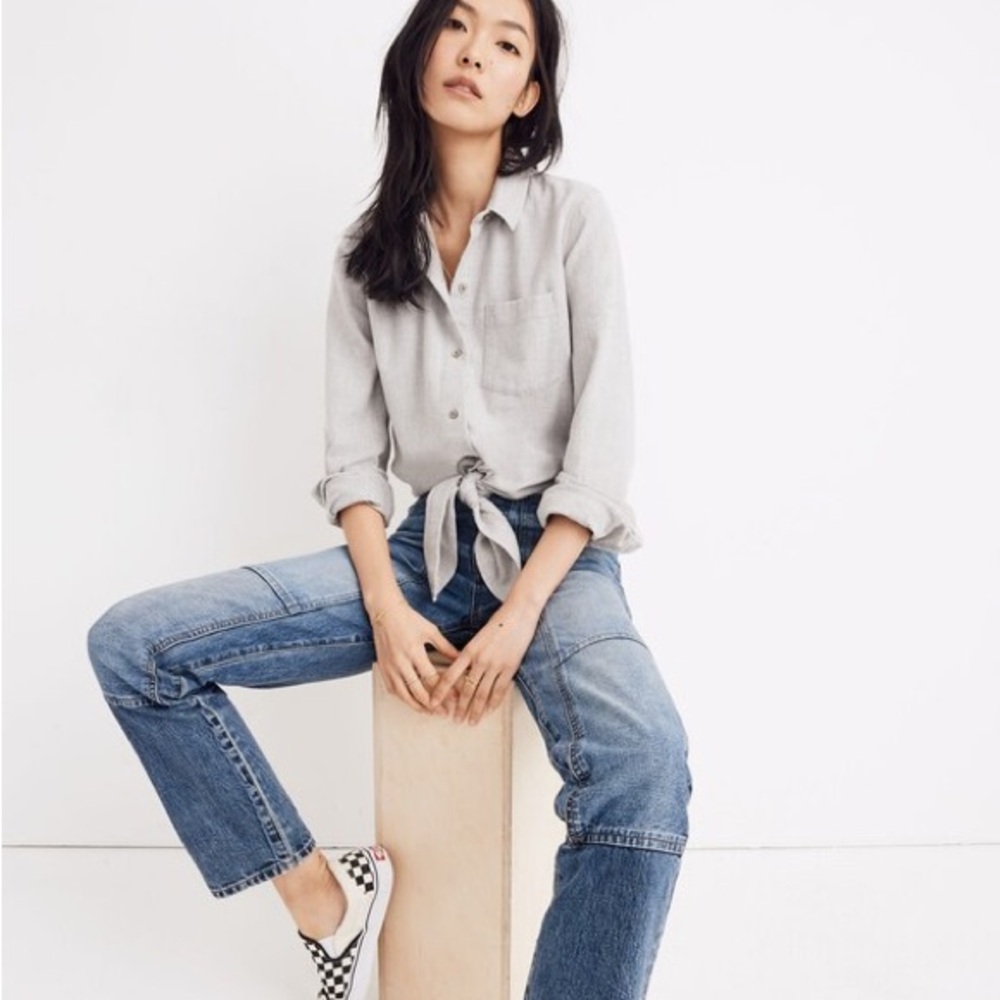 Madewell Flannel Tie-Front Shirt in Light Gray